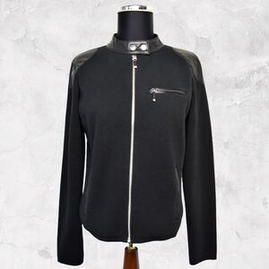 Ralph Lauren Moto Jacket Women's Petite M Black Faux Leather Trim Zipper